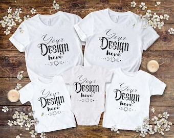 Family Bella Canvas 3001/3001t Mockup group Matching White Tshirt Mommy & Me Mama Toddler Pyjamas Baby Bodysuit Mockup Flat Lay JPG Digital