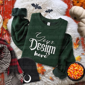 Fall Themed Mockup Forest Green Gildan 18000 Sweatshirt Halloween Shirt Mockup Spooky Vibes Mockup Autumn Sweater Mock Gothic Flatlay Mockup