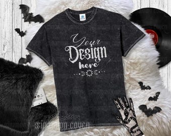 Black Mineral Wash Shirt Mockup Spooky Shirt Halloween Mockup Goth T-shirt Mock-up Fall Themed Mock-up Black Colortone 1300 Mineral Wash Tee
