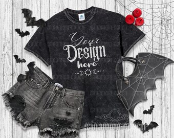 Black Mineral Wash Shirt Mockup Spooky Shirt Halloween Mockup Goth T-shirt Mock-up Fall Themed Mock-up Black Colortone 1300 Mineral Wash Tee