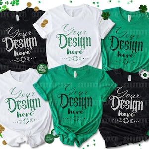 May include: Five blank t-shirts in different colors, including black, white, and green, with the text "Your Design Here" on each shirt. The shirts are arranged in a circle on a white background with green shamrocks and gold coins scattered around them.