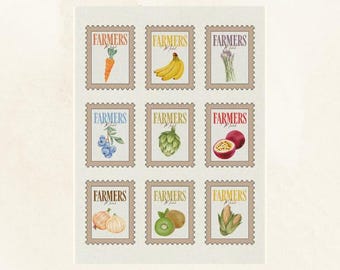 Farmers Market Art Print Set: Fruit & Vegetable Postage Stamps (Digital Downloadable Artwork)