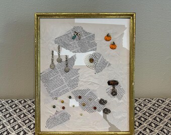 Vintage Mixed Media Collage Art: Newspaper, Charms, & Pearls - Framed