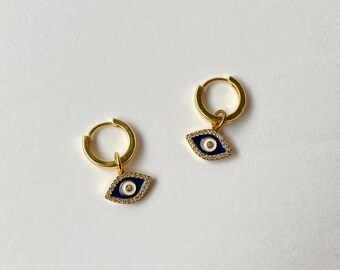 Gold Filled Small Hoop Earrings. Evil Eye Earrings