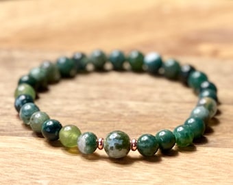 6mm Moss Agate Healing Crystal Bead Stretch Bracelet.  Unisex Bracelet, Healing Gift for Family and Friends.