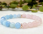 Rose Quartz Aquamarine Crystal yoga Elastic Bracelet, Mala bracelet for calming and stress relief 8mm beaded bracelet