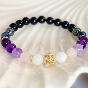 Emotional Balance Bracelet for Empaths • Amethyst, Rose Quartz, Moonstone, Tourmaline & Hematite • Energy Protection Gift for Women