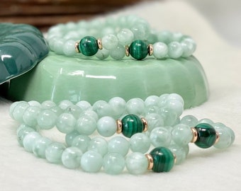 Green Moonstone, Garnierite & Malachite beaded bracelet. Top Quality genuine Gemstones,