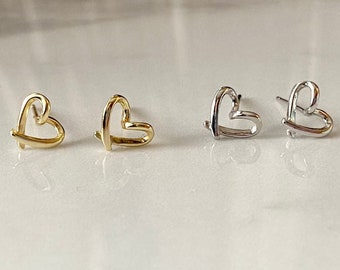 Hypoallergenic White Gold Heart Earrings, 18k gold plated over 925 Sterling Silver, Dainty Open Heart studs for women teen for girlfriend