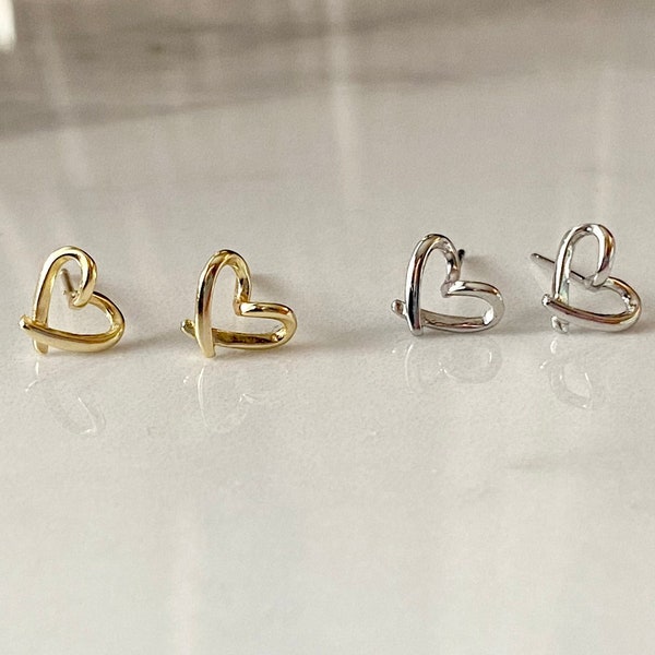Hypoallergenic White Gold Heart Earrings, 18k gold plated over 925 Sterling Silver, Dainty Open Heart studs for women teen for girlfriend