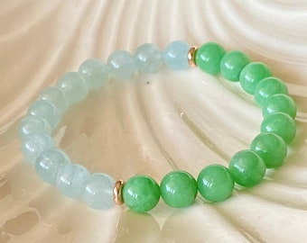 Aquamarine & Green Angelite Double Beaded Bracelet, Green and Blue Gemstone Crystal Bracelet, Healing Gift, Calming Energy, Reduce Stress