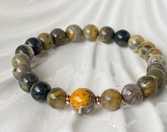 Bumblebee Jasper Gemstone Beaded Bracelet, Crystal Bead Jewelry, Handmade Jewelry In Canada