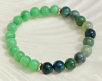 8mm Moss Agate & Green Angelite Crystal Beaded Bracelet, Green Color Gemstone Bracelet, Inner Peace and Emotional Balance, Meditation Gift