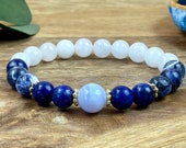 Air Element Beaded Stone Elastic Bracelet, Gift for Family and Friends, Bracelet for Inspiration Spiritual Connection. Chalcedony Focal.