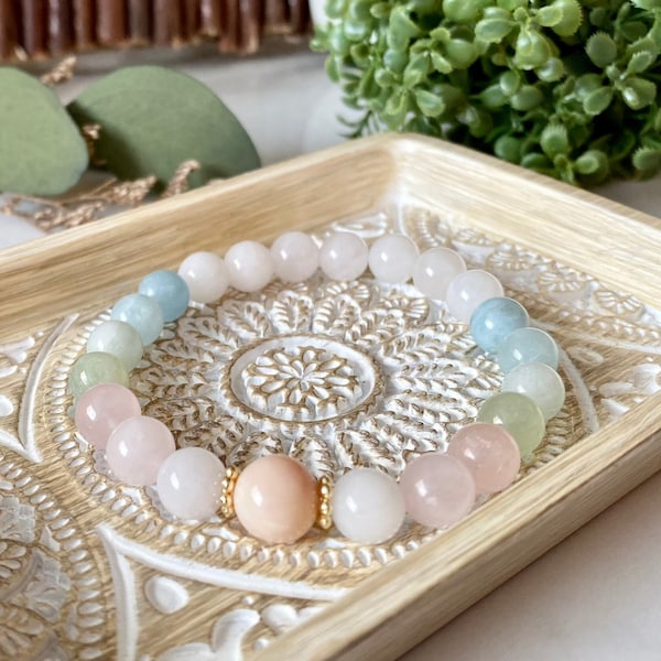 Pastel Crystal Beaded Bracelet: Rose Quartz, Aquamarine, Moonstone