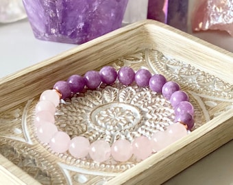 Rose Quartz & Amethyst Beaded Good Vibe Healing Bracelet, Positive Energy, Pure Love and Balance Bracelet, Gift Bracelet.