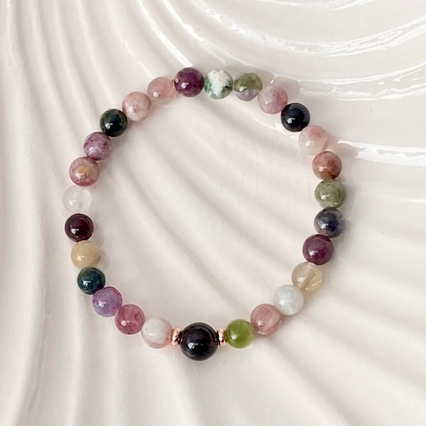 6mm Multi-Tourmaline Gemstone Bracelet, Tourmaline Crystal Bead Bracelet, Protection Energy Bracelet, Gift Bracelet for Crystal Collector