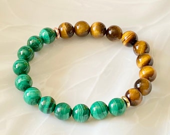 Malachite & Tiger's Eye Double Beaded Bracelet, Protective Gemstone Bracelet, Talisman Bracelet for Protection, Handmade Bead Jewelry