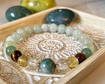 Wealth Gemstone Bracelet: Moss Agate, Citrine, Tiger Eye Beaded Mala