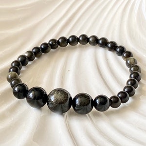 Graduated Black Obsidian Beaded Bracelet, Healing Protection Gemstone Bracelet, Top Quality Stone, Perfect for Men's bracelet