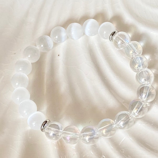 8mm Angel Aura Quartz & Selenite Crystal Beaded Bracelet, White Gemstone Bracelet, Emotional Healing and Calming the mind. Peaceful Energy.