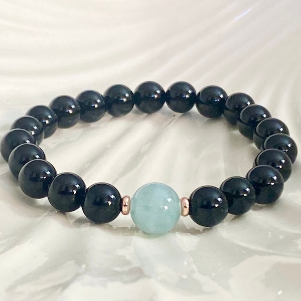 8mm Black Tourmaline & 10mm Green Aquamarine Beaded Bracelet, Protection and Grounding Energy Bracelet, Crystal yoga Bracelet, Reduce Stress