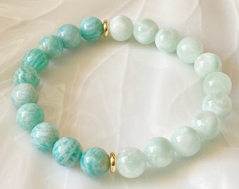 Green Moonstone & Brazilian Amazonite Beaded Bracelet, Healing and Calming Gemstone Bracelet, Green Bead Jewelry, Yoga / Meditation Bracelet