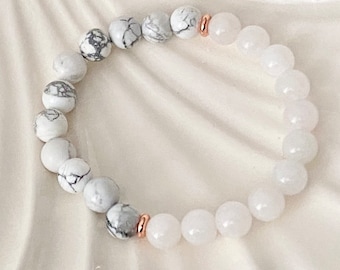 Howlite & White Jade Beaded Bracelet: 8mm Gemstone Crystal Healing
