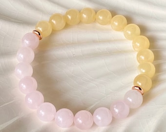 Rose Quartz & Yellow Jade Beaded Crystal Bracelet, Pink and Yellow Gemstone Bracelet, Healing and Calming Bracelet, Bead Jewelry for Women.