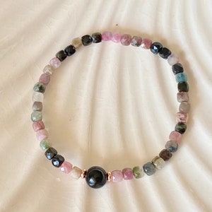 4mm Multicolor Tourmaline Cube Beaded Bracelet, Women Crystal Gemstone Bracelet, Protection Healing Bracelet, Dainty & Minimalist Bracelet