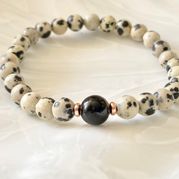 6mm Dalmatian Jasper Beaded Bracelet with 8mm Black Onyx. Grounding Gemstone Bracelet, Protection Bracelet around yourself, Bead Jewelry