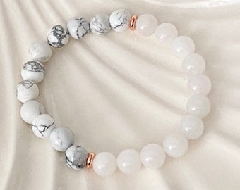 8mm Howlite & White Jade Double Stone Beaded Crystal Bracelet, White Color Gemstone Bracelet, Healing Meditation Bracelet, Energy Bracelet