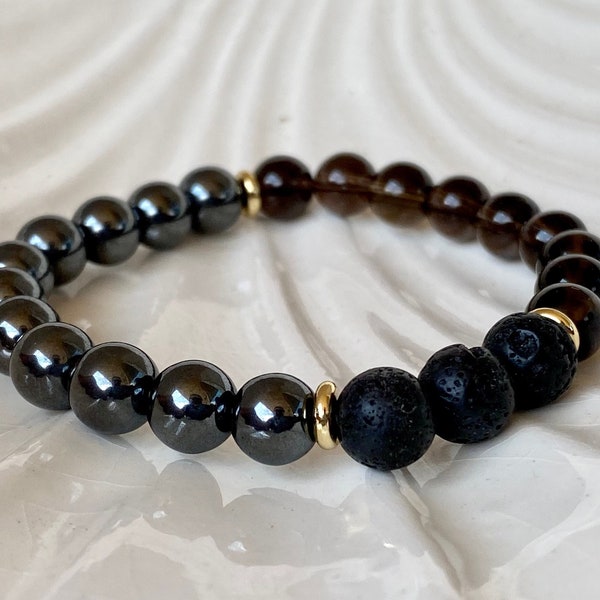 Hematite & Smoky Quartz Lave Beaded Bracelet • Crystal Bead Jewelry • Essential Oil Bracelet • Grounding and Protection Stone Bracelet