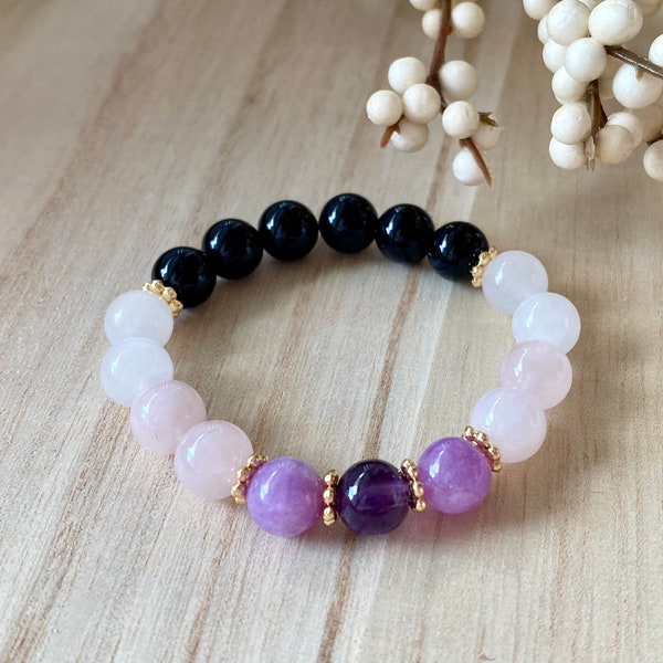 Kid's Protection Bracelet, Gift for girls. 8mm Empath Amethyst and Tourmaline bracelets for daughter and Niece.