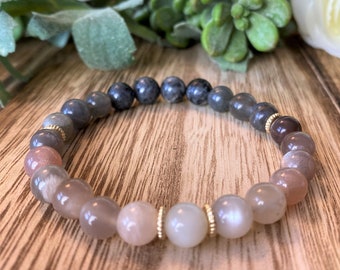 Grey & Black Moonstone Beaded Gemstone Yoga Bracelet with 14K Gold Filled Accents