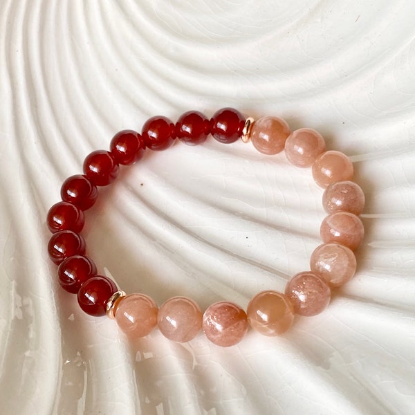 Sunstone & Carnelian Crystal Beaded Bracelet, Healing Stretch Handmade Bracelet, Gift for Women, Beaded Jewelry Bracelet, Top Quality Stone