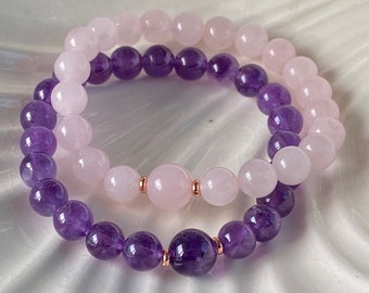 Rose Quartz & Amethyst Beaded bracelet. Good Vibe Healing Gemstone Bracelet, Bead Jewelry, Must Have Bracelet, Pink Purple Crystal Bracelet