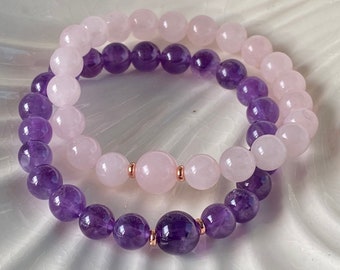 Rose Quartz & Amethyst Beaded Bracelet: Healing Gemstone Jewelry