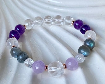 Crown Chakra Healing Beaded Gemstone Bracelet • Clear Quartz • Amethyst • Labradorite • Inner Peace Bracelet