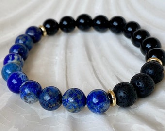 Lapis Lazuli & Black Onyx and Lave Beaded Bracelet • Crystal Bead Jewelry • Powerful Protection Bracelet • The Wisdom Stone • Oil Bracelet