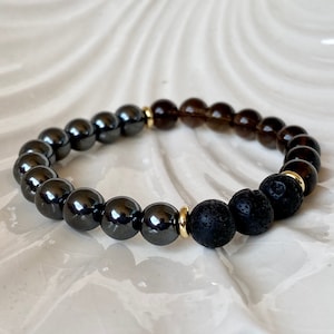 Hematite Smoky Quartz Lava Beaded Bracelet: Grounding Stone Jewelry