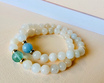 2 Pack Bead Bracelets, 10mm Faceted Fluorite, 10mm Aquamarine Focal Beads, Peach Moonstone Beaded Bracelet SET, Mother and Daughter Bracelet