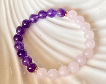 8mm Rose Quartz & Amethyst Double Gemstone Bracelet, Pink and Purple Crystal Bracelet, Dainty beaded Bracelet, Healing Energy Bracelet