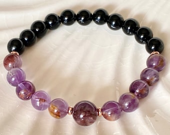 8mm Natural Super 7 Crystal & Black Tourmaline Crystal Bracelet, Phantom Amethyst Cacoxenite Gemstone Bracelet, Powerful Healing Protection