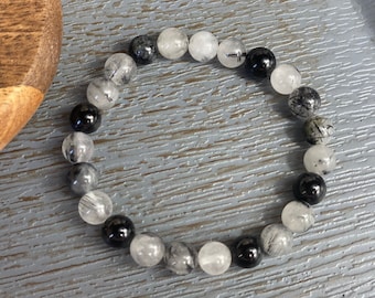 Tourmalinated Quartz Energy Healing Crystal Bracelet with Black Tourmaline