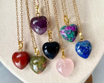 Puffy Heart Crystal Gemstone Necklace, Rose Quartz, Amethyst, Red Jasper, Unakite, Black Tourmaline, Lapis Lazuli, and Ruby Zoisite.