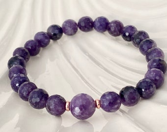 8mm Faceted Dark Lepidolite Wrist Mala Crystal Beaded Bracelet. Purple Color Gemstone Bracelet, Emotional Balance and Inner Peace.