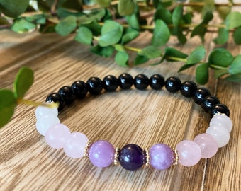 Empath Healing Black Tourmaline bead Bracelet,  Amethyst, Rose Quartz, Spiritual and Inspirational Bracelet.