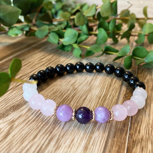 Protection Black Tourmaline bead Bracelet,  Amethyst, Rose Quartz, Spiritual and Inspirational Bracelet, Gift for her