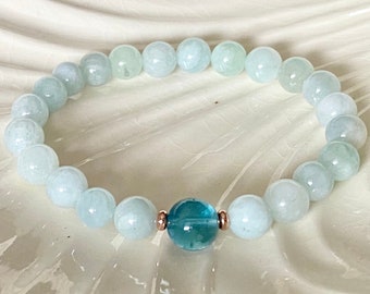 8mm Natural Aquamarine and Blue Fluorite Crystal Gemstone Wrist Mala for Calming Energy - Promoting Emotional Healing and Stress Relief